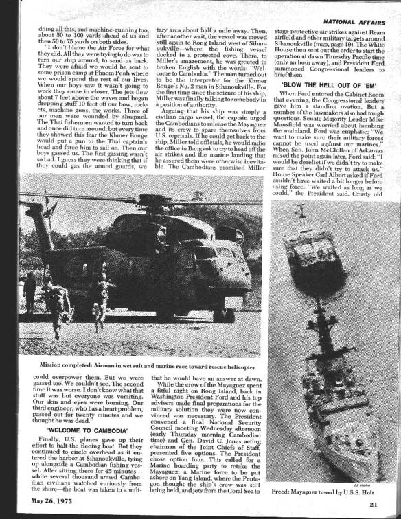 Newsweek Article page 6 May 26 1975 of the Rescue of the Mayaguez at Koh Tang
