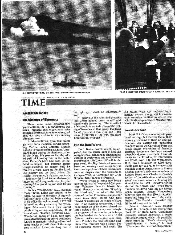 Time Magazine Article page 1 May 26 1975 of the Rescue of the Mayaguez at Koh Tang